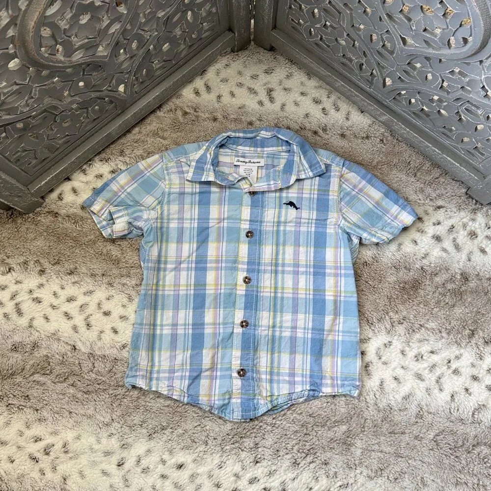 Tommy Bahama plaid button up shirt boys size 5 preppy coastal resortwear beach